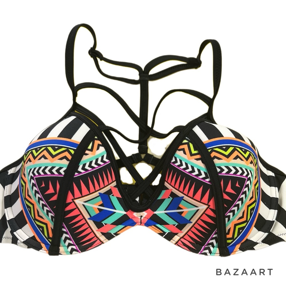 Rare Victoria’s Secret Pink Strappy Swimsuit Bikini Set Geometric Stripe Aztec L - Picture 4 of 10